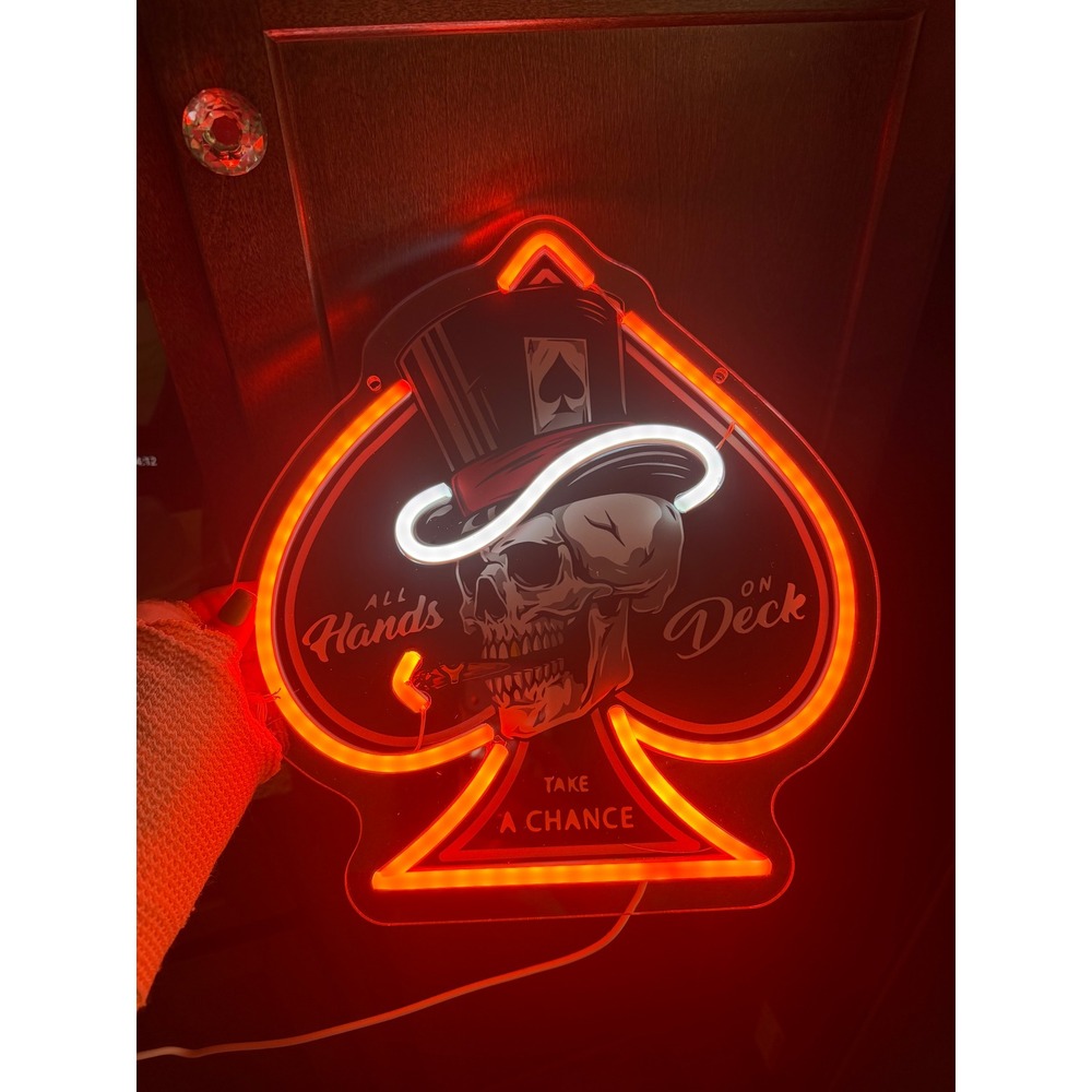 Handmade LED Neon Sign Skull Ace of Spades All Hands On Deck Room Wall Decor